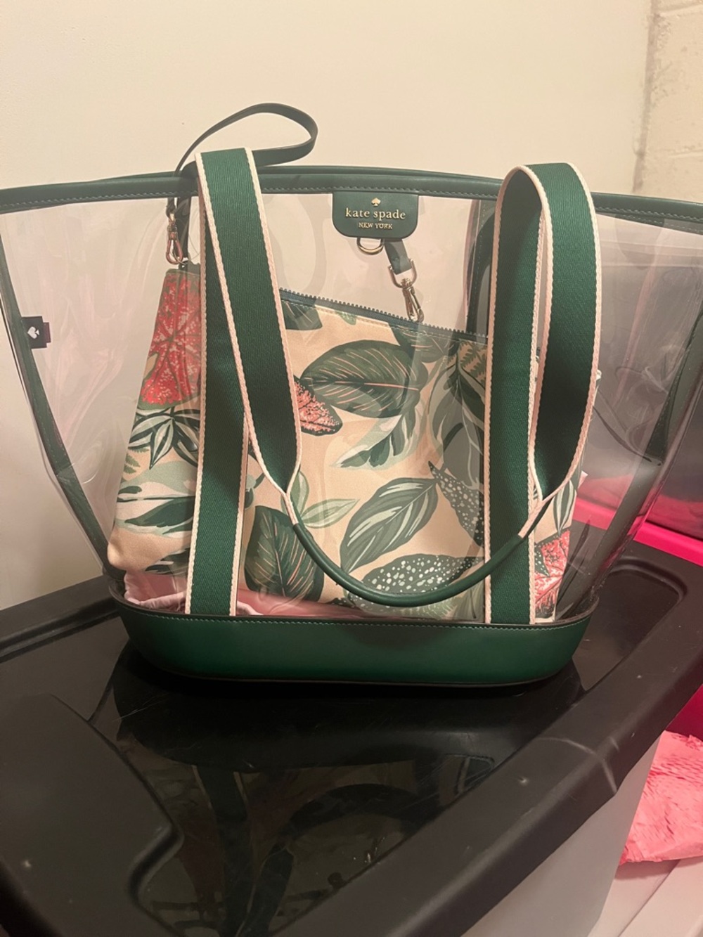 kate spade Clear Tote with Green Trim and Leaf-Print Pouch